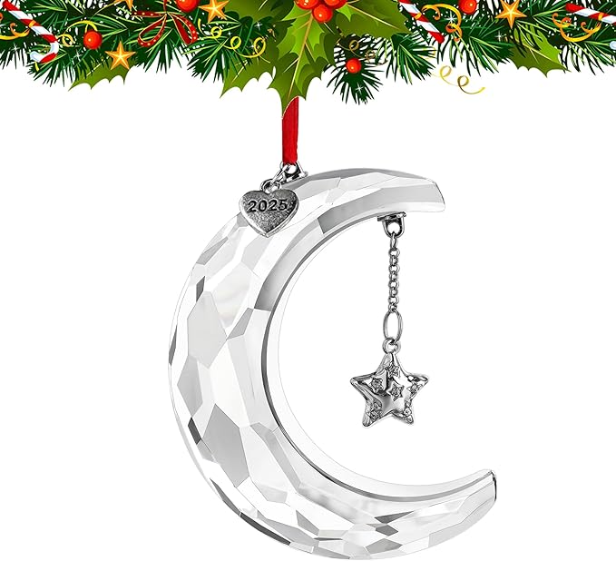 H&D HYALINE & DORA 2025 Christmas Moon Ornament Crystal Christmas Moon Hanging Ornament Clear Crystal Suncatcher Ornament for Xmas Winter Party Home Decor