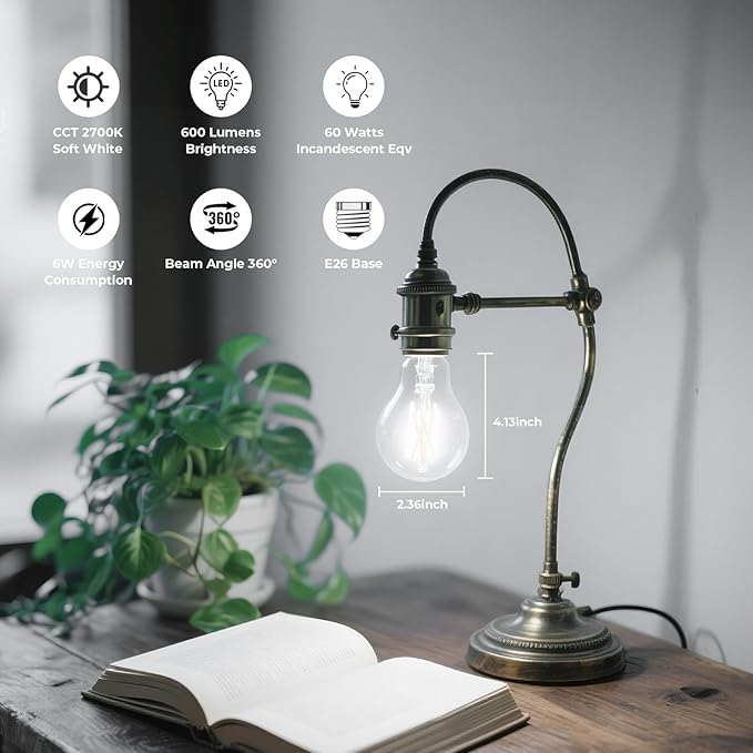 LED Edison Bulb Dimmable, 5000K Daylight, A19 Clear Glass Vintage E26 LED Bulb 6W, 60 watt Equivalent, A19 Light Bulb for Ceiling Fan, 90+CRI, 600LM, 24 Pack