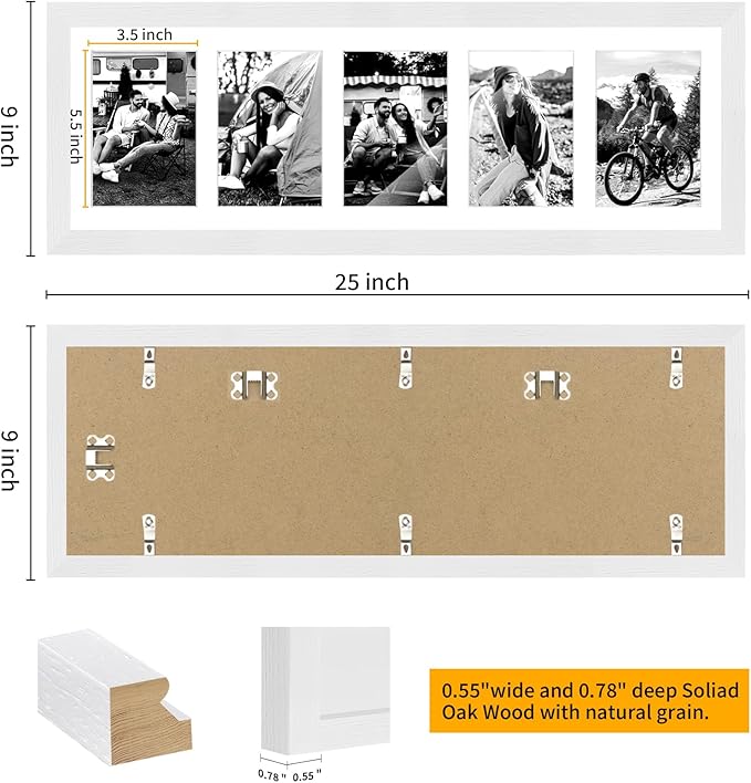 8x24 Oak Wood Picture Frame - 8x24 Photo Frame with Mat Display 5Pcs 4x6 Photos, 4x6 Picture Frame Wood, Natural Solid Wooden Picture Frames for Wall Art Photo and Prints(1 Pack, White)