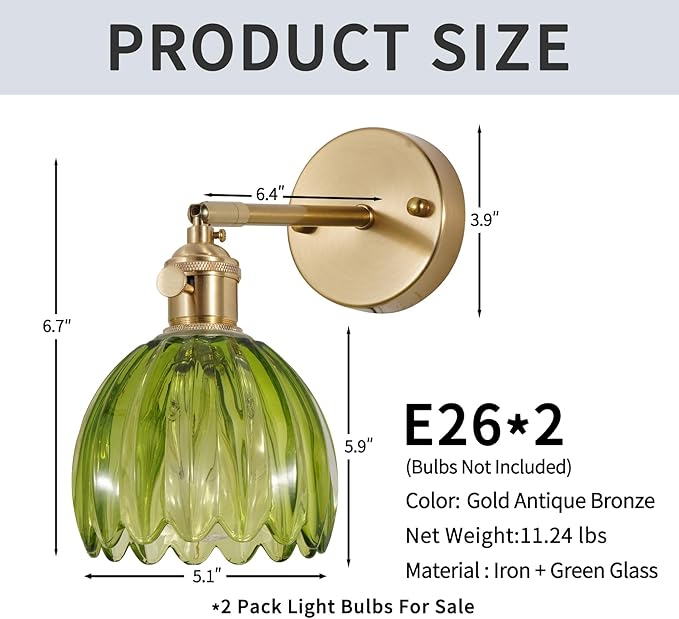 Fandian Vintage Wall Sconces Set of Two,Hardwired Wall Lights with Green Tulip Glass Lampshade,Gold Wall Lamps for Bedroom Bedside Stairway Bathroom Living Room