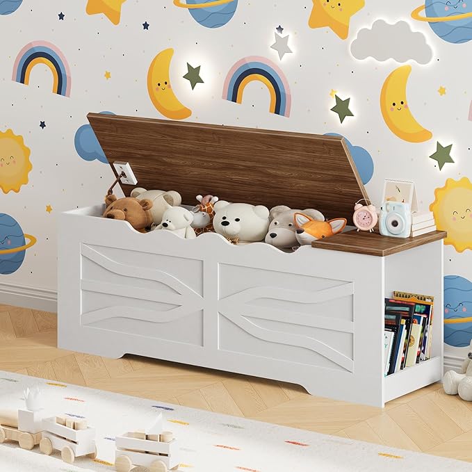 HOOBRO Storage Bench, 47.2'' Toy Box with Safety Hinges, Farmhouse Storage Chest with Side Storage Cubby, for Entryway, Bedroom, Living Room, White and Walnut WH96CW01