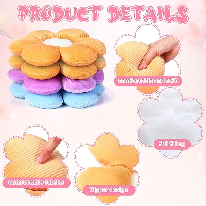 Reginary 4 Pcs Flower Floor Pillows Cute Plush Flower Throw Pillows Daisy Floor Seat Cushion Chair Pads for Christmas First Day of School for Sofa Couch Bed Decor(15 Inch,Bright Color)