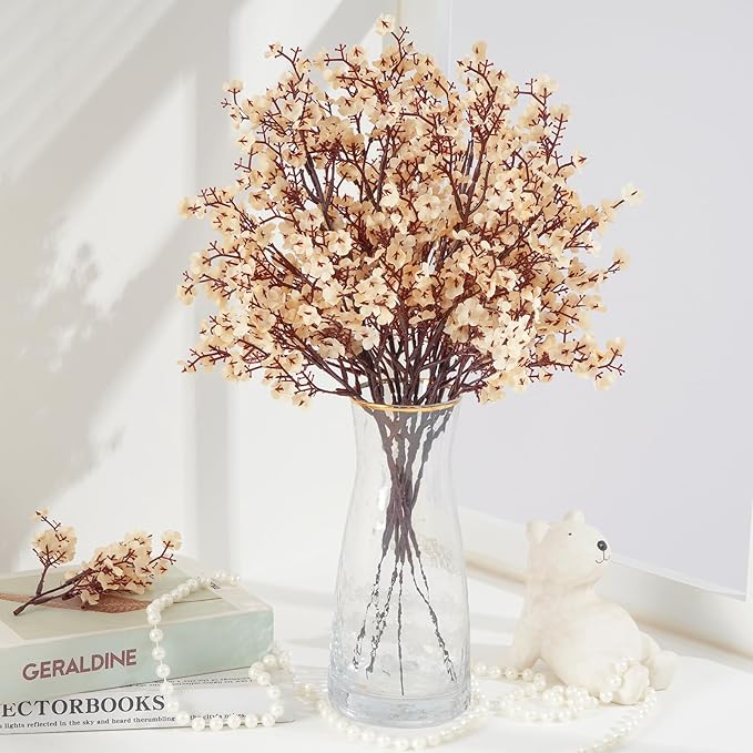 Yastouay 10 Pcs Fake Flowers Artificial Flowers, Real Touch Silk Flowers Faux Artificial Flowers for Decorations, Champagne Babys Breath Artificial Flowers Bulk for Spring Decor Floral Arrangement