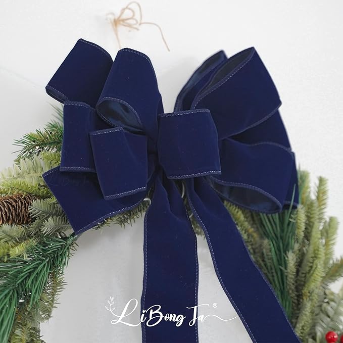 13" Navy Blue Velvet Christmas Tree Topper Bow, Premade for Wreaths, Gift Bows, Home Decor