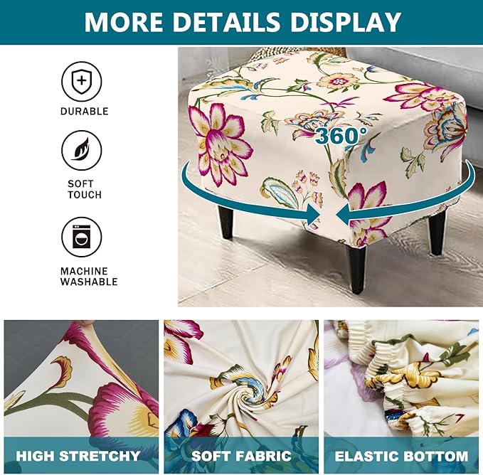KRFOONN Stretch Ottoman Cover Slipcovers Rectangle Fit Length 27"-35" Footrest Stool Covers Printed Ottoman Cover for Foot Stool Furniture Protector with Non Slip Elastic Bottom, Color 20