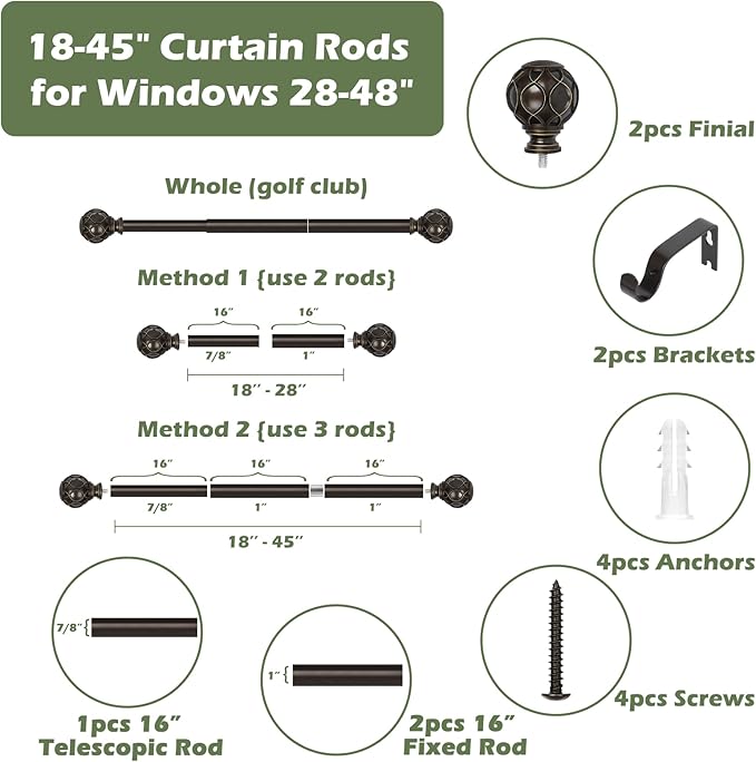 Bronze Curtain Rods for Windows:Farmhouse Boho Decorative Curtain Rod for Bedroom Living Room,Heavy Duty Adjustable Rustic Drapery Rods Set with Vintage Coastal Finials,Antique Bronze 18-45"