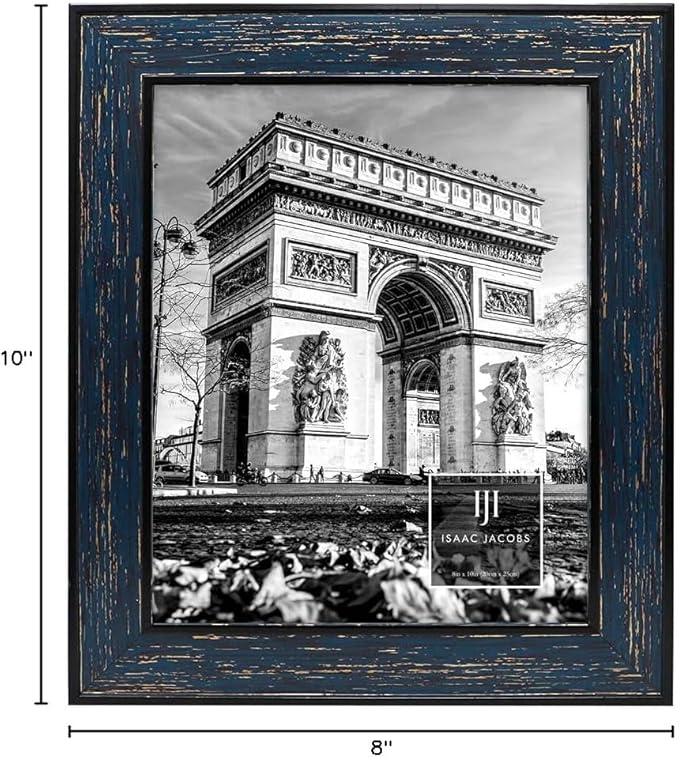 Isaac Jacobs 8x10 Navy w/Gold (Vertical & Horizontal) Double Border Picture Frame w/Black Fabric Easel, Wall-Mountable, Made for Tabletop & Gallery, Home or Office (8x10, Navy W/Gold)