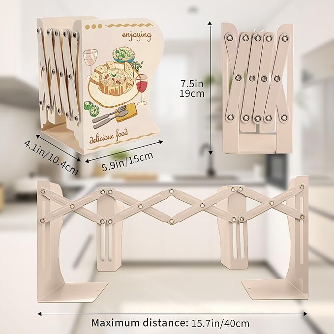 Cookbook Bookends, Kitchen Bookends, Adjustable Metal Book Ends for Shelves Decorative, Unique Design for Heavy Books, Non-Skid Book Holder for Kitchen Housewarming Cooking Lover Gifts (White 1)