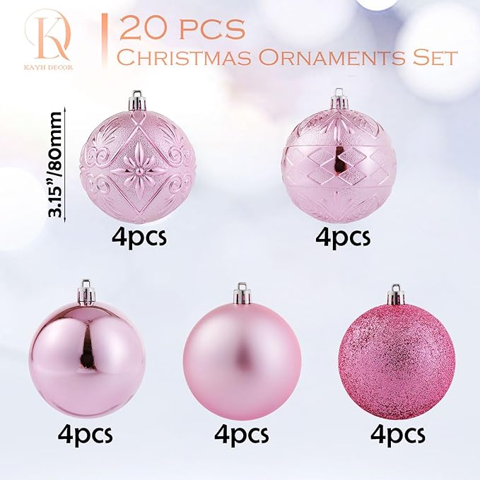 20ct Pink Christmas Ball Ornaments Shatterproof Plastic Christmas Tree Decorations for Xmas Party Home Office Holiday Decor -Large Size (3.15", 80mm)