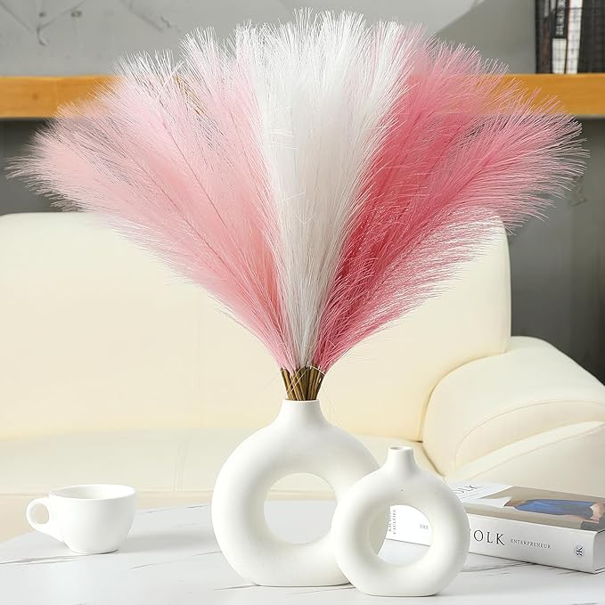 Faux Pampas Grass Decor 17.7 Inch 30pcs, Artificial Pampas Grass Fluffy Home Decor, Short Vase Room Decor pompous Grass Flower Arrangement for Boho Home Wedding Decoration (Blush,Cream,Pink)