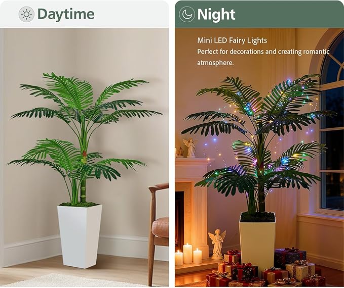 Artificial Palm Tree 5FT - Fake Tree with Tall Planter and Fairy Lights, Large Tropical Palm Faux Tree, Fake Plants for Indoor Outdoor Living Room Outside Patio Office Home Decor