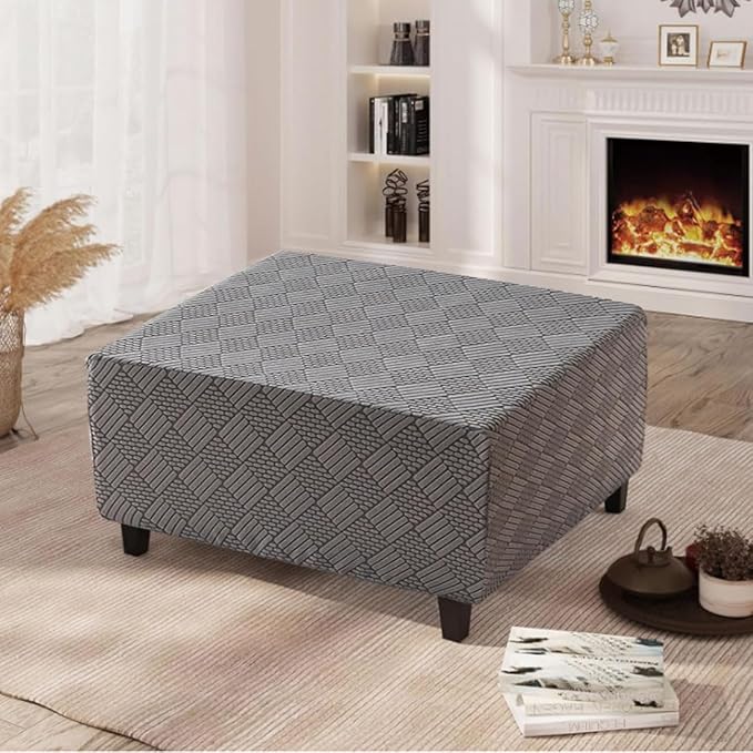 Square Ottoman Cover Large Stretch Storage Ottoman Bench Covers Slipcovers Cube Jacquard Covers for Square Ottomans Coffee Table Footrest Stool Cover with Elastic Bottom XL Dark Gray