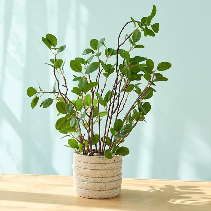 AlphaAcc 12.6" Artificial Plants Fiddle Leaf Fig Decorative Fake Plants Potted in White Round Concrete Planter Realistic Faux Plants Potted for Living Room Kitchen Bedroom Office and Tabletop Decor