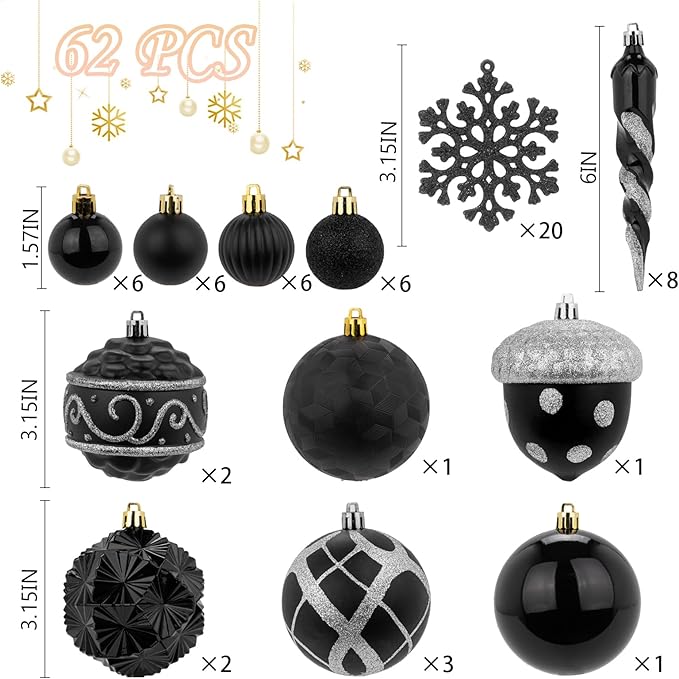Fuovt 62pcs Black & Silver Christmas Balls Ornaments Set - 3.15" Big Christmas Balls - Shatterproof Plastic Decorative Baubles for Xmas Tree Decor Holiday, Wedding, Party Decoration (Black & Silver)