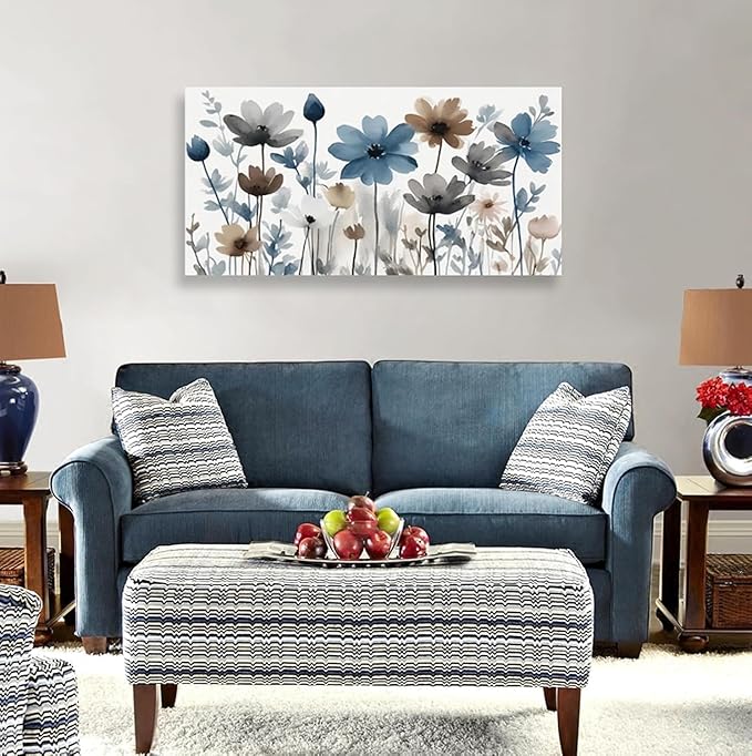 KZKU Flowers Canvas Wall Art - Floral Pictures for Wall Decor Indigo Brown Grey Canvas Prints Nature Printing Artwork for Living Room Bedroom Home Office Wall Decoration 24" x 48"