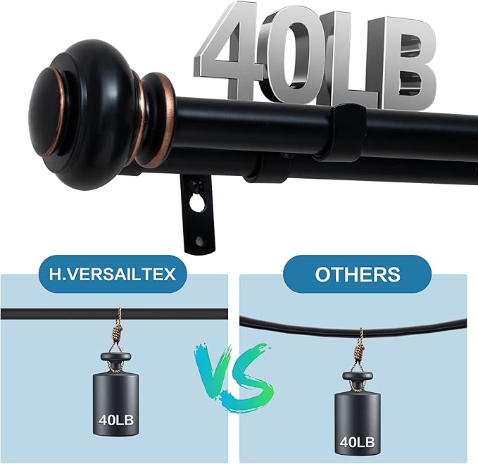 H.VERSAILTEX Double Curtain Rods for Windows 16.2 to 43.8 Inches, 3/4 inch Diameter, Adjustable, Decorative, Telescoping, Black, Wrought Iron, Matte Finish