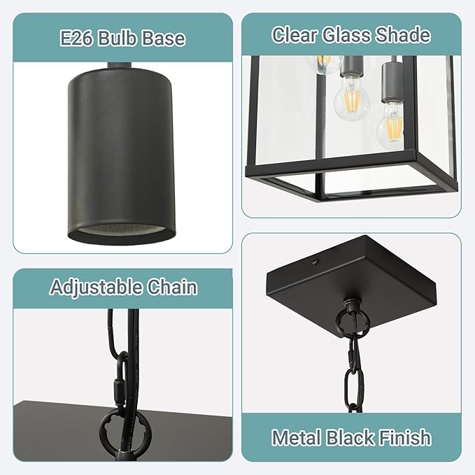 LOUSACE 16.7'' Black Outdoor Pendant Light 4-Light Large Outside Pendant Porch Lights Ceiling Haninging Outdoor Chandelier with Clear Glass Exterior Light Fixtures Lantern for Front Door Foyer Doorway