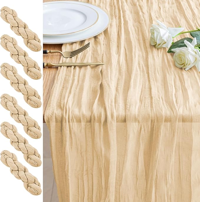 6PCS Table Runner Cheesecloth 10FT Sand Boho Gauze Cheese Cloth Rustic Sheer Table Runners for Wedding Bridal Baby Shower Party Decoration