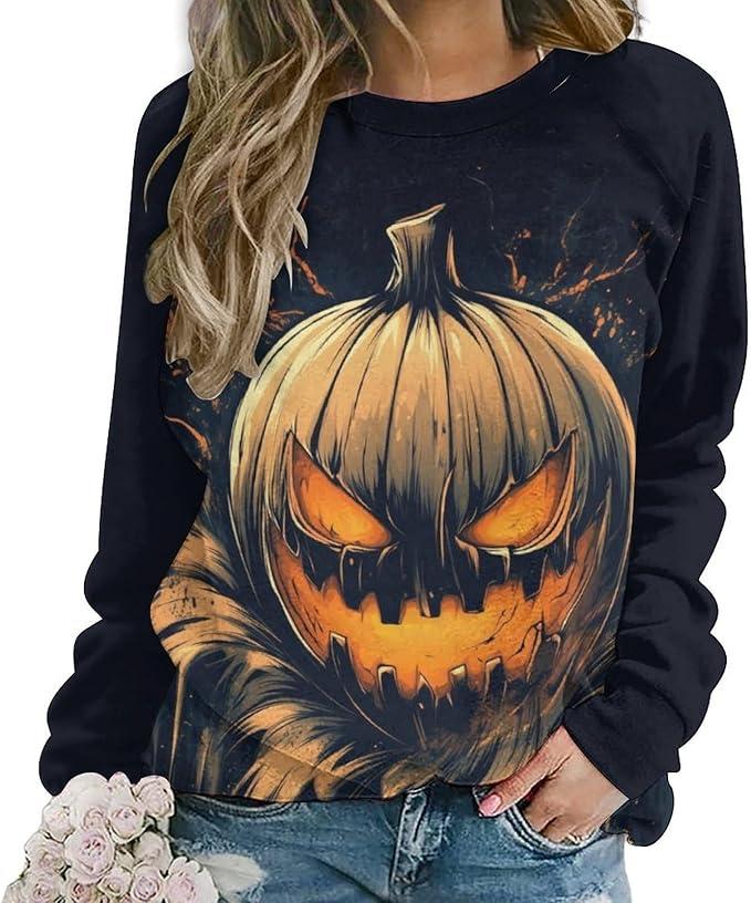 Halloween Sweatshirts for Women Funny and Spooky Print Crewneck Oversized Pullover Outdoor Lounge Fashion Sweater