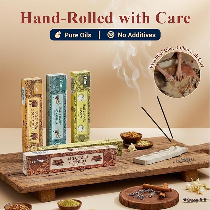 Tulasi Nag Champa Incense Sticks Assorted/Variety Pack – 180 Hand Rolled Sticks, 12 Natural Scents | Sandalwood, Lavender, Vanilla, White Sage | Meditation & Yoga Aromatherapy