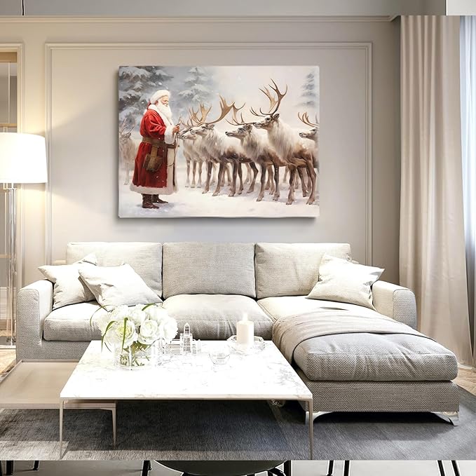 Santa Claus and Reindeer Art Print,Vintage Christmas Reindeer Wall Art,Vintage Santa Print,Vintage Reindeer Poster,Winter Wall Art,Christmas Holiday Decor16x24inchUnframed