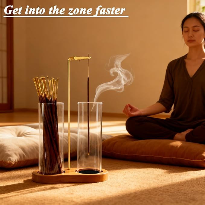 Glass Incense Holder, 2 in 1 Incense Holder for Sticks Incense Burner Holder with Storage & Sticky Pads, Anti-Ash Flying Incense Burne and Organizer Meditation Yoga Spa Room Decor