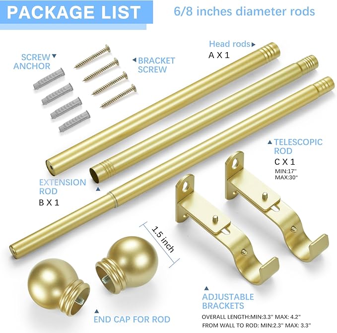 Curtain Rods for Windows 16 to 48 Inches, Curtain Rod Max Adjustable Length of 60 IN, 6/8" Diameter Drapery Rods Round Finials, Warm Gold, Pack of 1