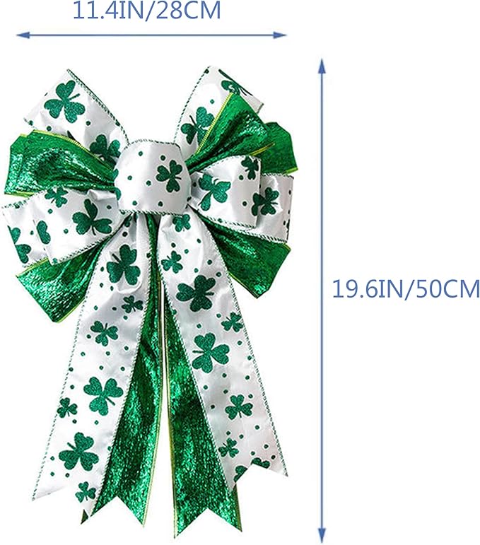St Patricks Day Bow for Wreath Decorations,11.4 * 19.6in Large White Green Glitter Shamrock Bowknot Irish Holiday Crafts Bows for Tree Topper Front Door Outdoor Outside