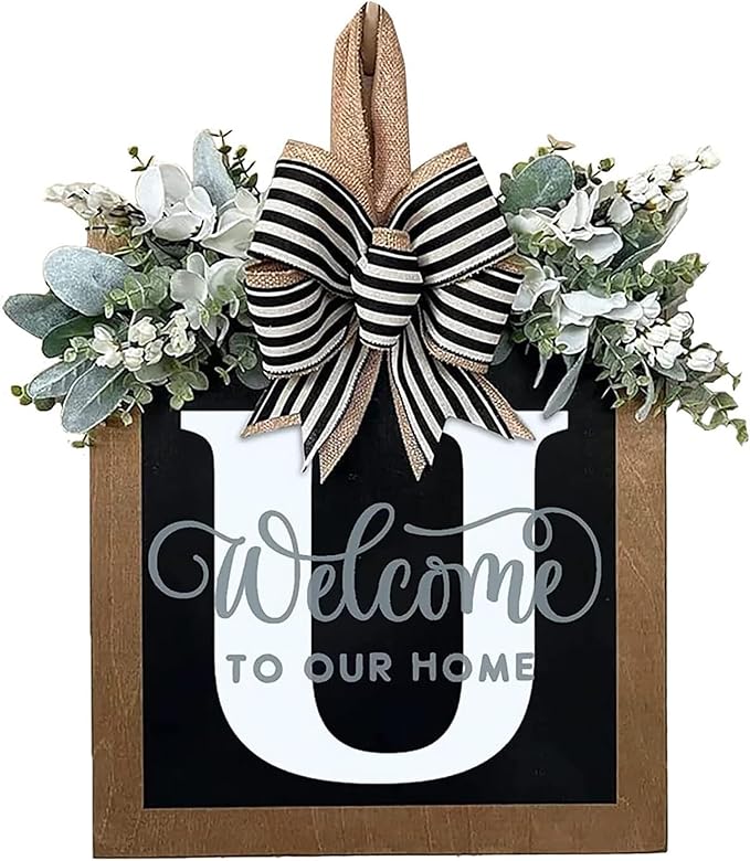 Last Name Year Round Front Door Wreath Front Porch Decoration 26 Letter Welcome Sign with Eucalyptus Garland and Bow Spring Wreaths for Front Door Outside Hanger Garland（U）
