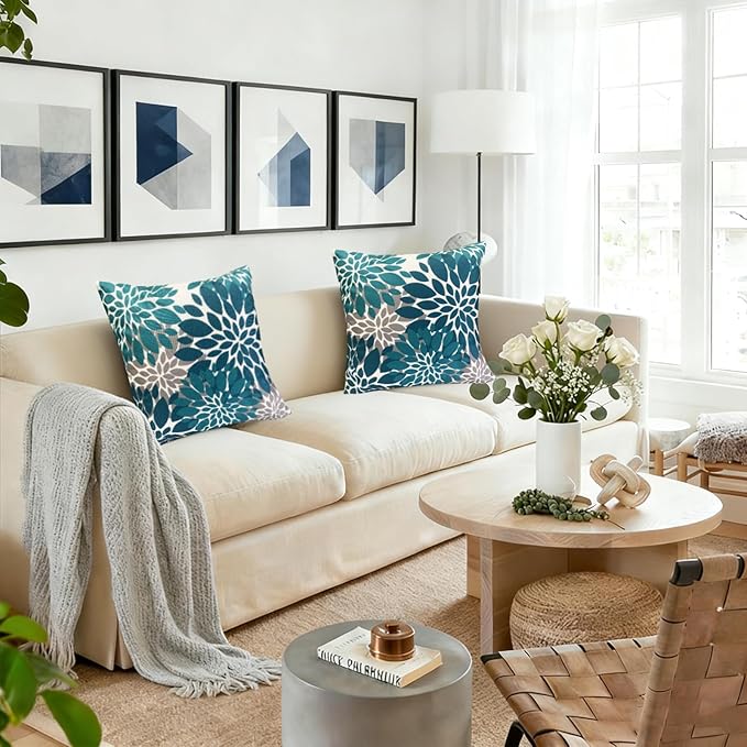 Decorative Throw Pillow Covers Set of 2 Teal Blue Pillow Covers 22x22 Inch Couch Pillow Covers for Sofa Living Room Outdoor Throw Pillow Cover Linen Square Floral Flower Farmhouse Pillowcase