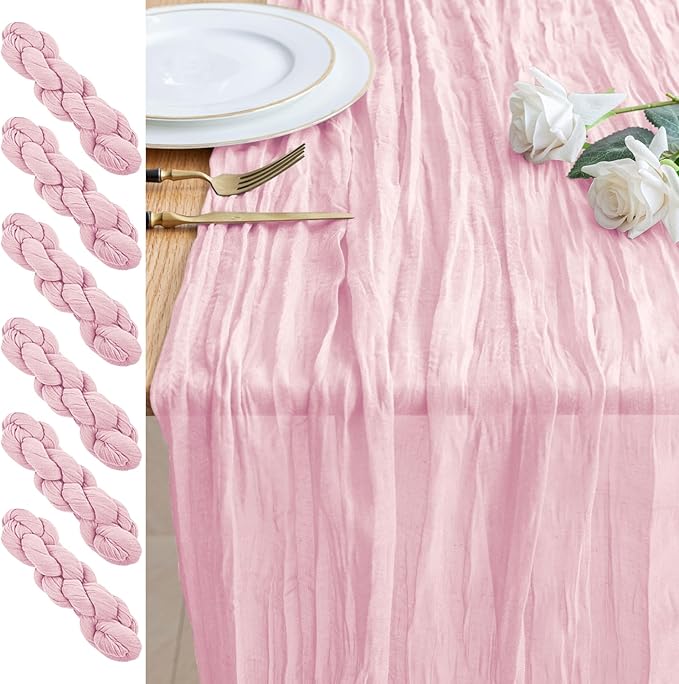 6PCS Table Runner Cheesecloth 10FT Blushing Pink Boho Gauze Cheese Cloth Rustic Sheer Table Runners for Wedding Bridal Baby Shower Party Decoration