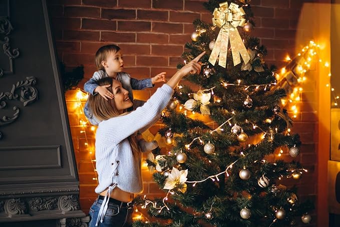 Hying Large LED Christmas Bows for Wreath, Merry Christmas Wreath Bow Champagne Velvet Bows with LED Lights Xmas Tree Topper Bows for Front Door Happy New Year Christmas Party Decoration Supplies