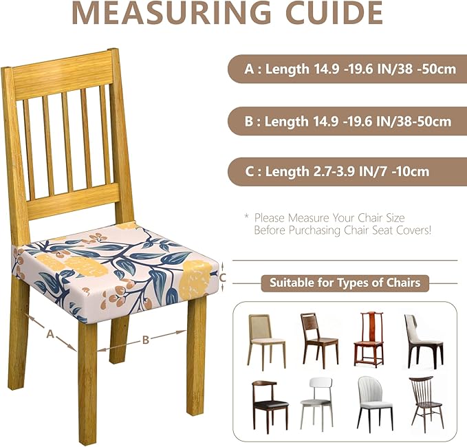 Stretch Dining Chair Seat Covers Set of 4,Dining Chair Slipcovers, Floral Printed Chair Covers,Soft Fabric Washable Upholstered Chair Seat Protector, No Rear Covers for Home Kitchen Dining Room