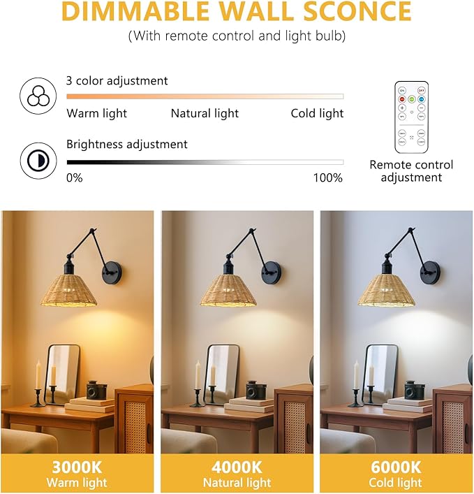 Battery Operated Wall Sconce, Rattan Wall Sconces Battery Operated Set of 2, Bohemian Wireless Battery Wall Sconce with Remote Control for Bedroom, Farmhouse, Gallery