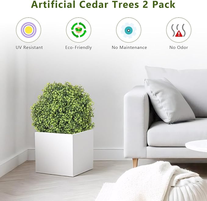 24" Faux Boxwood Plants Outdoor, Artificial Topiary Ball Trees Set of 2, UV Resistant Fake Potted Evergreen Realistic Greenery Bushes Shrubs for Outside Front Porch Planter Patio Indoor Decor 2ft Tall