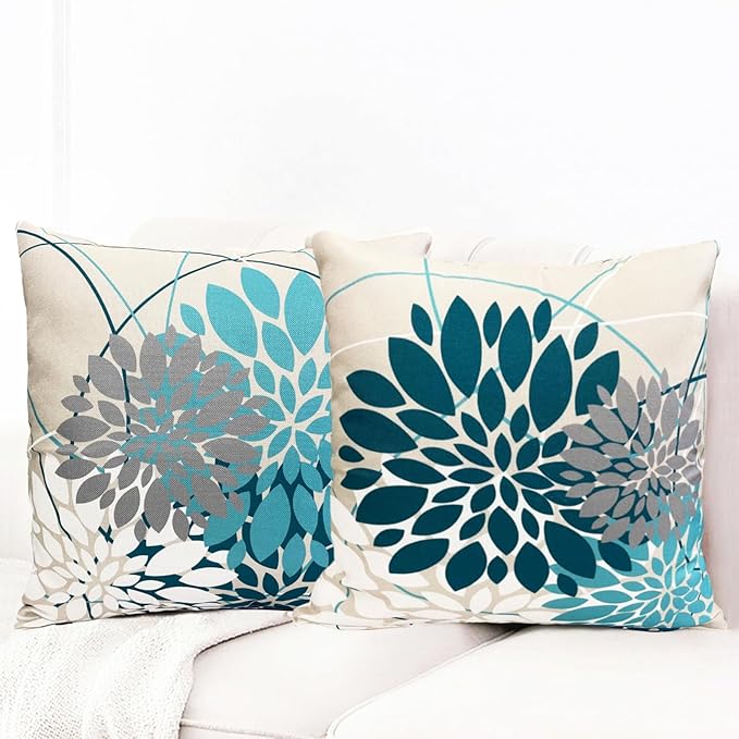 Decorative Throw Pillow Covers Set of 2 Teal Blue Pillow Covers 16x16 inch Linen Square Pillow Cases,Farmhouse Modern Geometric Floral Outdoor Pillow Cover for Couch Sofa Living Room Bedroom