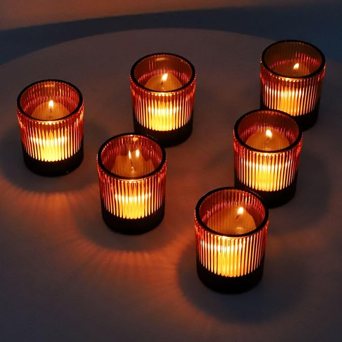 VOHO 24pcs Votive Candle Holders Bulk Wedding Centerpieces for Tables, Amber Tea Lights Candle Holder for Home/Fall Decor, Glass Ribbed Votive Candle Holder Gift Idea