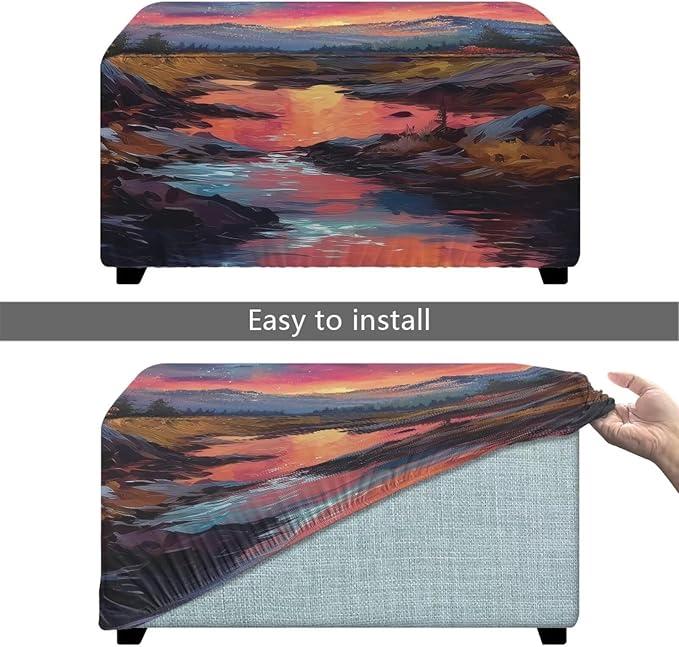 Mountain Oil Painting Ultra Soft Stretch Ottoman Cover Rectangular Ottoman Slipcover with Nonslip Elastic Band Foldable Portable Footrest Stool Cover for Travel Office Home Decor