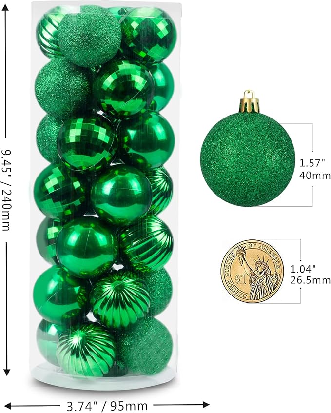 Small Size 28ct shatterproof Christmas Ball Ornaments in 4 Classic finishes for Christmas Tree Decoration (Green, 1.57“ Mini Size)