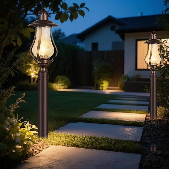 Treekee Outdoor Post Light Fixture, Vintage Brown Pole Lantern with Wood Grain Glass, Farmhouse Exterior Post Lamp with E26 Socket for Garden, Pathway, Patio, Porch, Courtyard, Driveway, Street