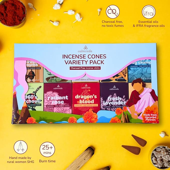 Organic Incense Cones Scented - (120 Cone Incenses, 10 Variants) Clean No Charcoal Incense, Made from Upcycled Flowers | Palo Santo, Frankincense, Nag Champa Cones, etc. (with Holder)