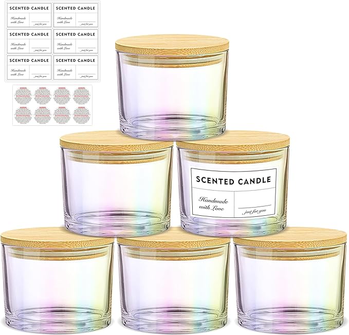 16oz 3 Wick Candle Jars 6 Pack - Large Empty Iridescent Wide Mouth Glass Candle Making Jars with Bamboo Lids and Stickers and Labels, Bulk Candle Containers for Making Candles