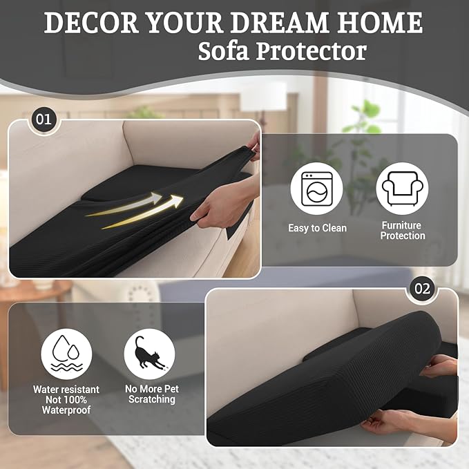 Sectional Couch Covers for Sofa Cushion L Shaped Couch Cover Washable Soft Couch Cushion Covers Stretch Sofa Slipcovers(1-Piece for Loveseat or Sofa 2-Seater, Black)