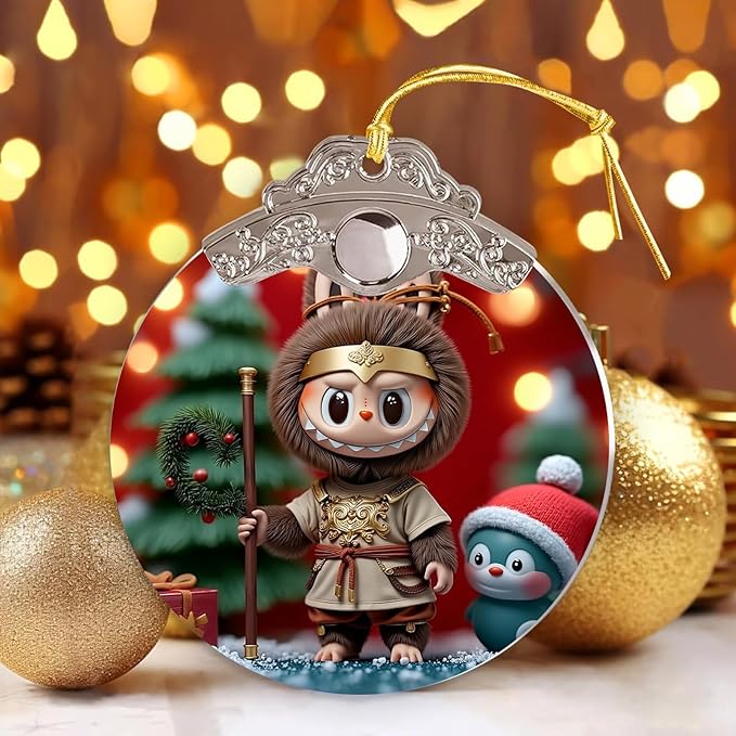 Christmas Tree Ornament, Stained Glass Angel Monster Design, 3.45 Inch Round, Decorative Hanging Pendant with Silver Frame, Holiday Home Decor