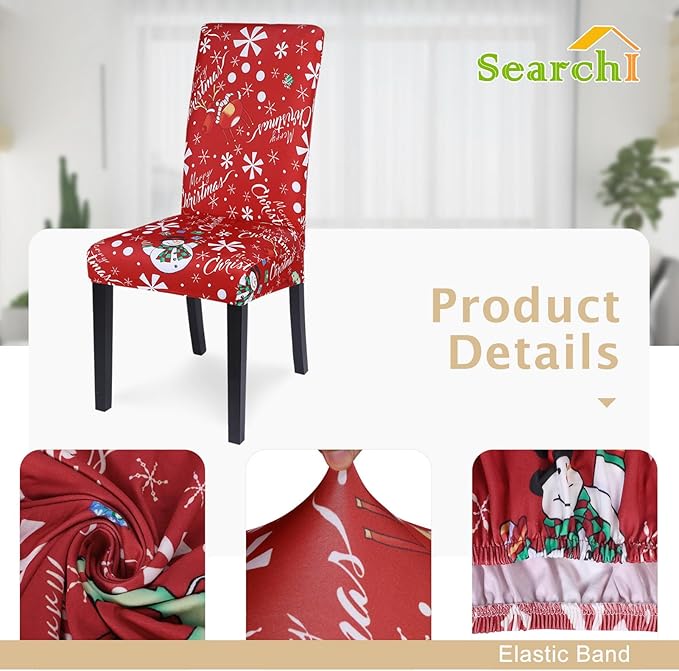 SearchI Christmas Chair Covers Set of 4, Stretch Xmas Kitchen Chair Cover Removable Washable Holiday Parsons Chair Slipcovers for Dining Room, Christmas Decoration, Ceremony(Snowman+Snowflake)