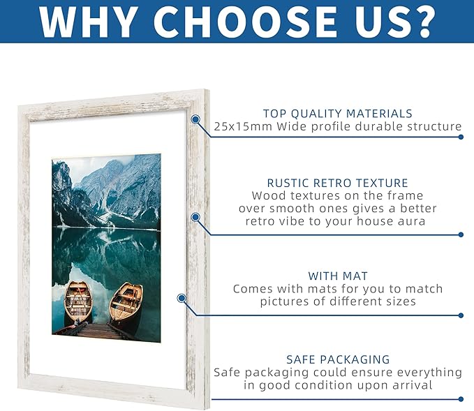 A3 Frame Set of 2, Distressed White Wood Style - Display Pictures A4 with Mat or 11.7x16.5 without Mat, Wall Mounting Horizontal and Vertical
