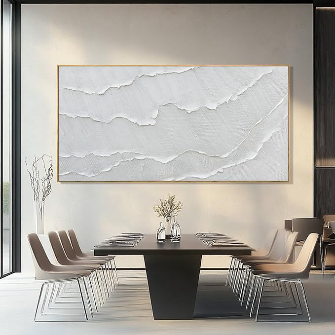 WINKAILIN Contemporary Gray-White Abstract Flat printing Wall Art with Frame Large Canvas Ocean waves Painting for Living Room Bedroom Above Couch Decor 29"x58"