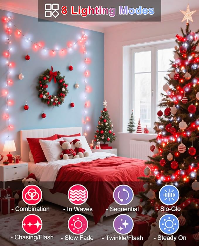 157FT 480 LED Christmas Lights Outdoor, Green Wire Christmas Tree Lights Waterproof, 8 Modes Twinkle Fairy Light for Indoor Outdoor House Tree Xmas Holiday Decorations, Red and White