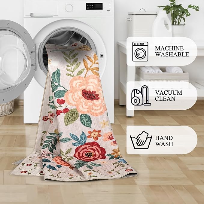 DUKINO 2x8 Runner Rug for Hallway, Washable Kitchen Runner Rug with Rubber Backing Non Slip, Low Pile Soft Boho Floral Thin Carpet for Entryway, Hallway, Bathroom, Laundry Room, Beige