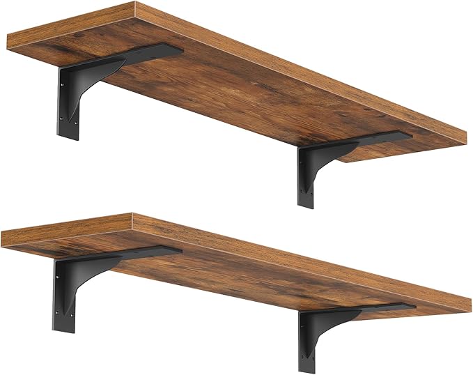 HOOBRO Floating Shelves for Wall, 15.4" Wall Mounted Shelves Set of 2, Hanging Storage Shelf with Metal Brackets, Wooden Shelf for Living Room, Bedroom, Bathroom, Rustic Brown and Black BF42BJP201G1